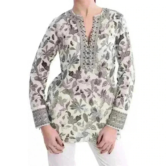 TORY BURCH Embellished Botanical Print Tunic Size 2 Floral Green Tan - Picture 2 of 9